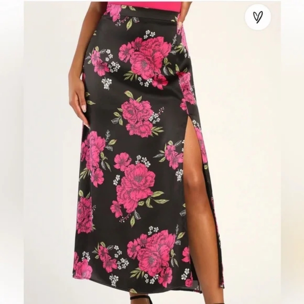 Lulu's Elegant Blossoms Black Floral Print Satin Midi Skirt Lulus - Picture 3 of 6